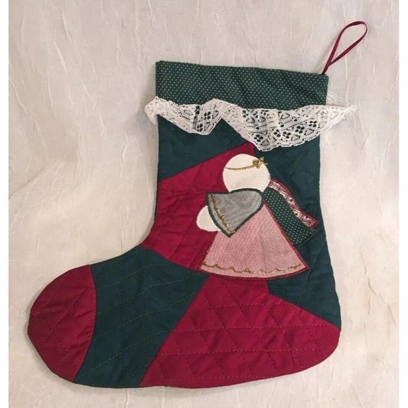 2 Angels Christmas Stocking Quilted Applique Folk Art Primitive Lace Naive Pair - Picture 2 of 16